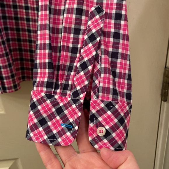 NWOT Talbots Plaid Blouse Pink Black White Button Down Roll up Sleeves WM SZ L - Picture 7 of 12